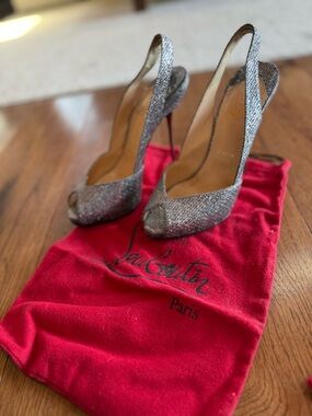 Christian Louboutin Silver Glitter Slingback Peep-Toe Pumps with Red Sole